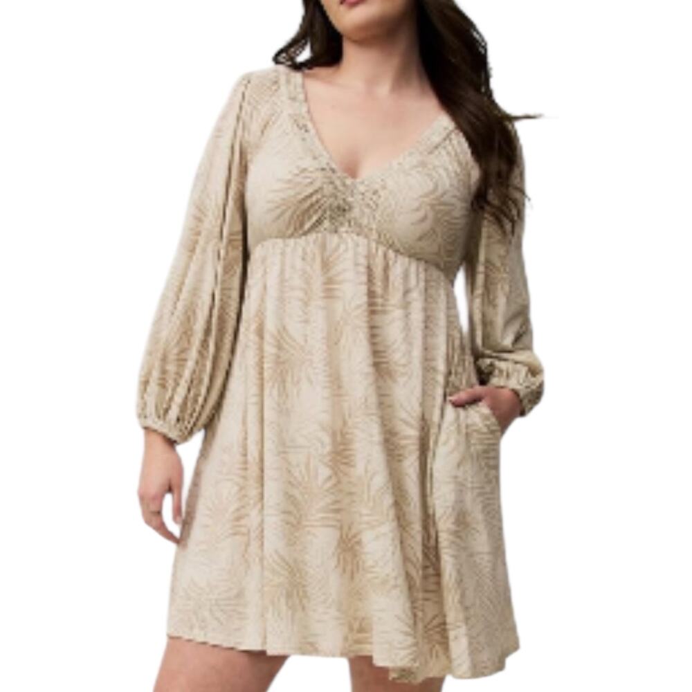 Torrid Stretchy brand Deep V Neck Beige Mini Dress tropical leaf size 3X